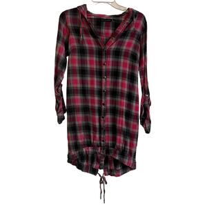 Seppala Woman Snap Button Down Hooded Tunic Dress/Top Size 36 Pink Gray Plaid